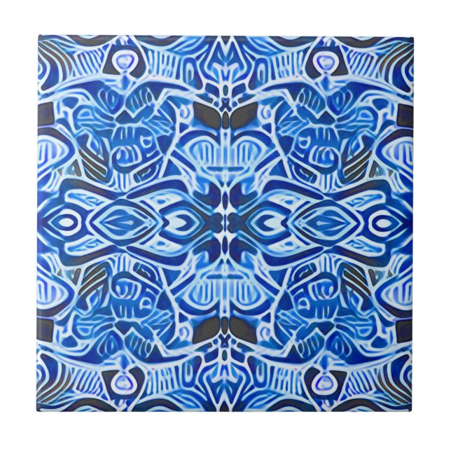 Tribal Batik Pattern in Indigo Blue and White    Ceramic Tile (Front)