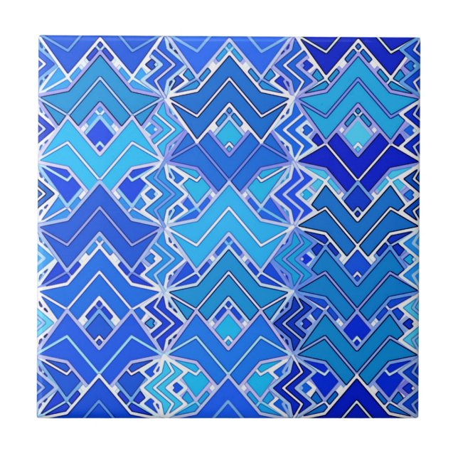 Tribal Batik Print, Cobalt and Cerulean Blue  Ceramic Tile (Front)