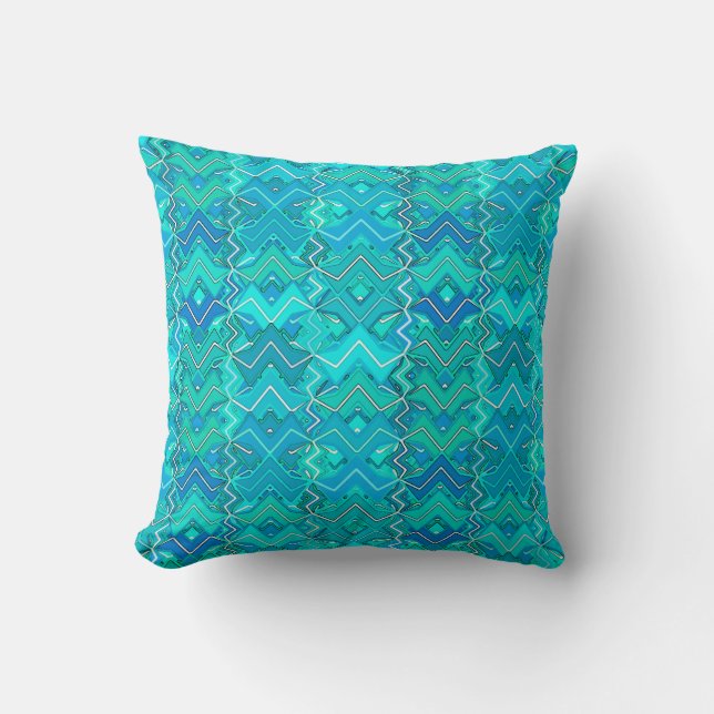 Tribal Batik Print, Turquoise, Aqua and Seafoam Cushion (Front)