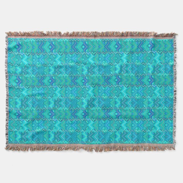 Tribal Batik Print, Turquoise, Aqua and Seafoam Throw Blanket (Front)