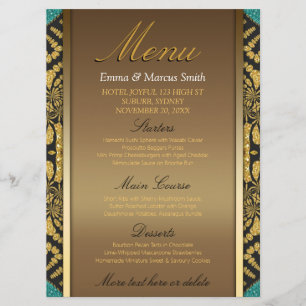 Tribal Batik Style Gold Black Teal Wedding Menu