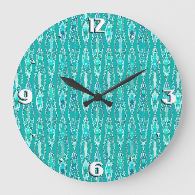 Tribal Batik - Turquoise and Aquamarine Large Clock (Front)