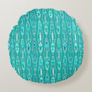 Tribal Batik - Turquoise and Aquamarine Round Cushion