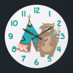 Tribal Bear and Tipi Teal Number Large Clock<br><div class="desc">Here's a cute clock that will help your child learn to read time, and be fun, too! Large teal numbers on a field of white make the clock easy to read. Within the circle of numbers is an adorable image of a brown bear dressed in tribal attire, including a head...</div>