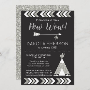 Tribal Birthday Invitation Black, Silver Pow Wow
