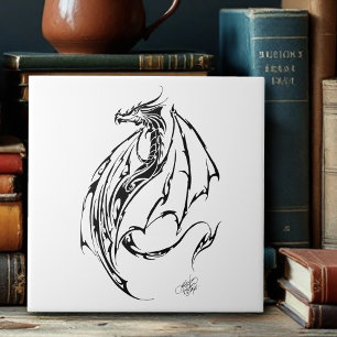 Tribal Black Ink Dragon Ceramic Tile