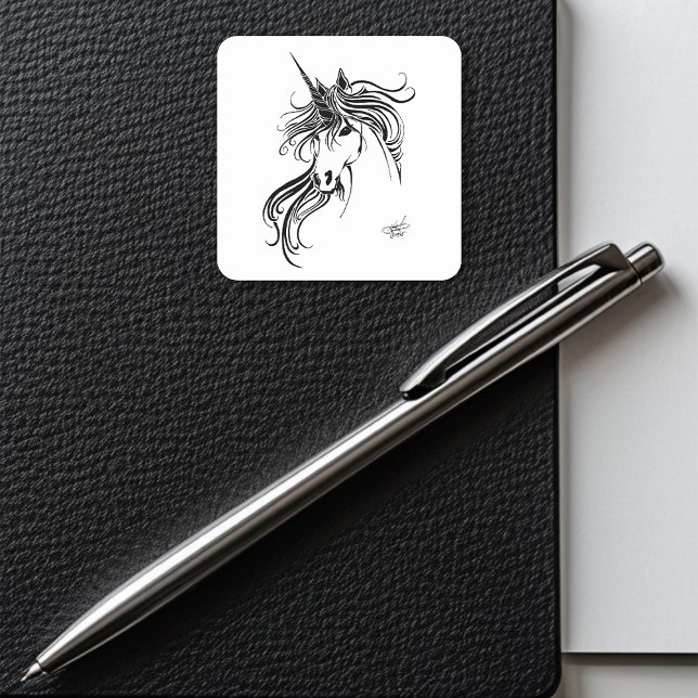 Tribal Black Ink Unicorn Square Sticker (Creator Uploaded)