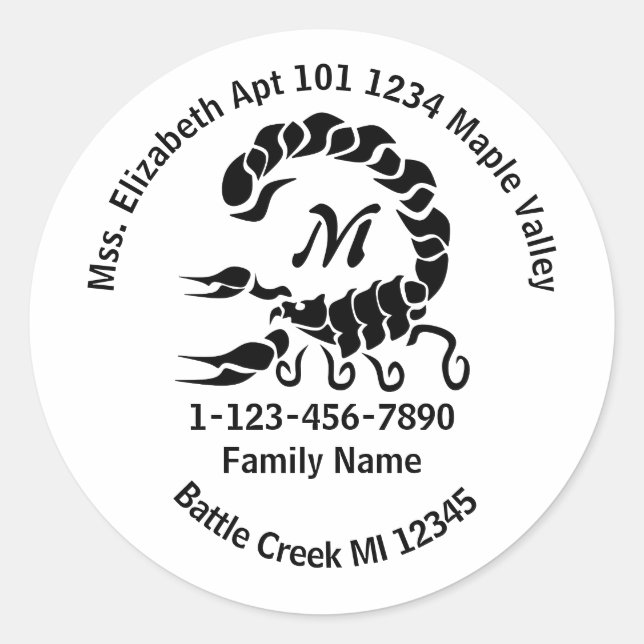 Tribal Black Scorpion Family Home Address Classic Round Sticker (Front)