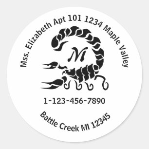 Tribal Black Scorpion Monogram Home Contact Info K Classic Round Sticker