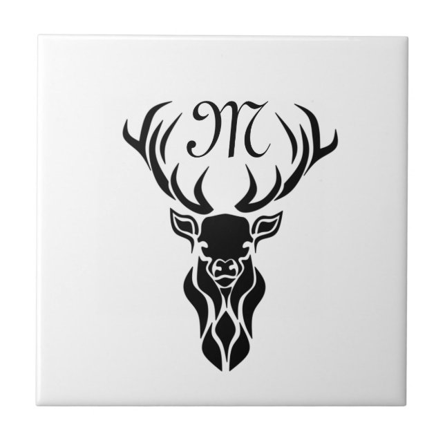 Tribal Black Stag Silhouette Monogram Ceramic Tile (Front)