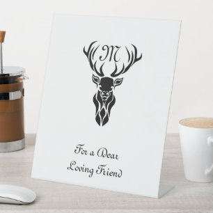 Tribal Black Stag Silhouette Monogram Pedestal Sign