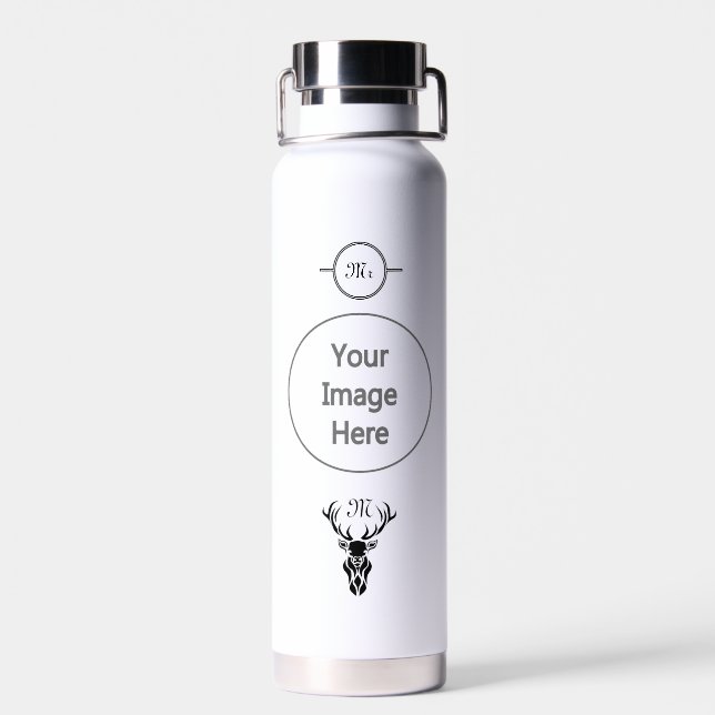 Tribal Black Stag Silhouette Monogram Water Bottle (Back)