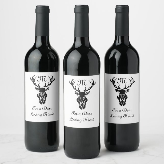 Tribal Black Stag Silhouette Monogram Wine Label (Bottles)