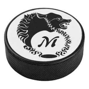 Tribal Black Wolf Head Silhouette Laurel Monogram Hockey Puck