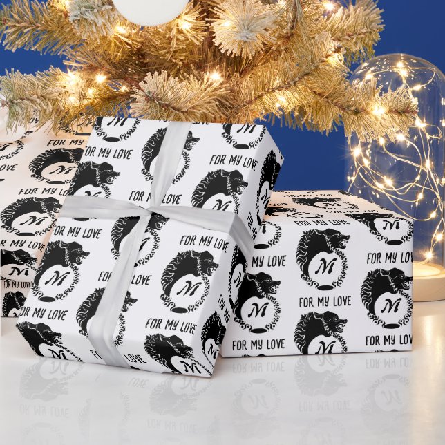 Tribal Black Wolf Head Silhouette Laurel Monogram Wrapping Paper (Holidays)