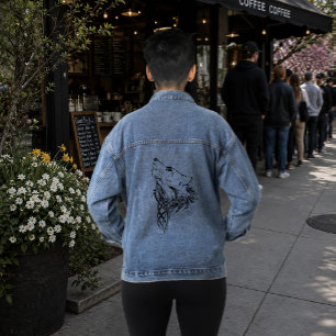 Tribal Black Wolf Holing Illustration Ink Denim Jacket