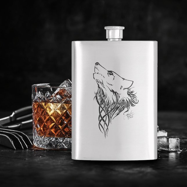 Tribal Black Wolf Howl Hip Flask (Creator Uploaded)