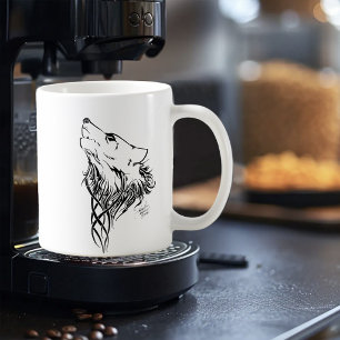 Tribal Black Wolf Howling Illustration Ink Coffee Mug