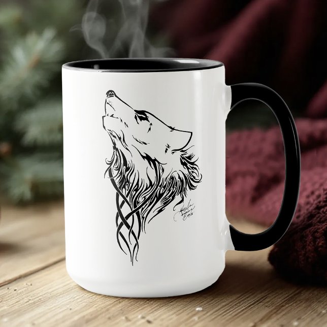 Tribal Black Wolf Howling Illustration Ink Mug (Creator Uploaded)