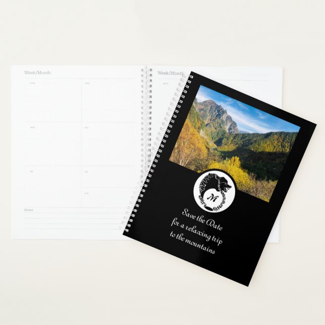 Tribal Black Wolf Silhouette Laurel Monogram Photo Planner (Display)