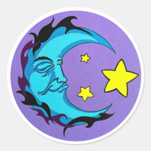 Tribal Blue Moon with Three Yellow stars Classic Round Sticker