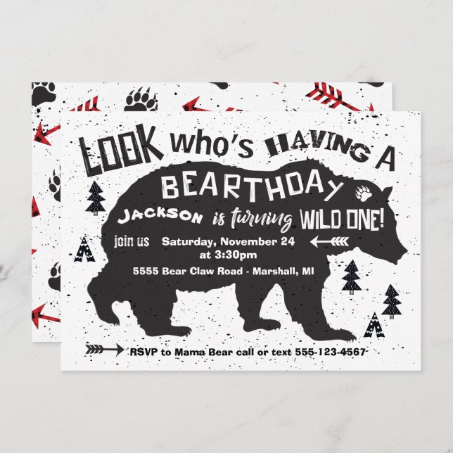 Tribal Boho Bear Birthday Invitation Wild One! (Front/Back)