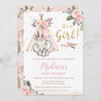 Tribal Boho Elephant Pink Girl Baby Shower
