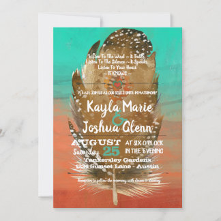 Tribal Boho Feather Teal Orange Wedding Invitation