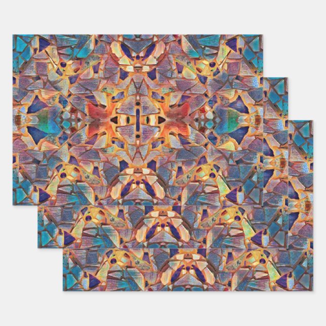 Tribal Boho Hippie Purple Yellow Blue Pattern Wrapping Paper Sheet (Set)