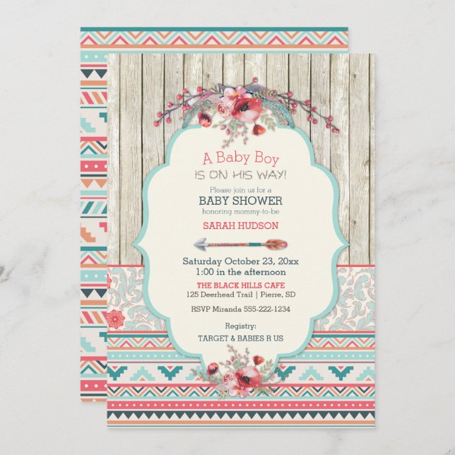 Tribal Boho Rustic Chic Wood Flowers Arrow Invitation (Front/Back)