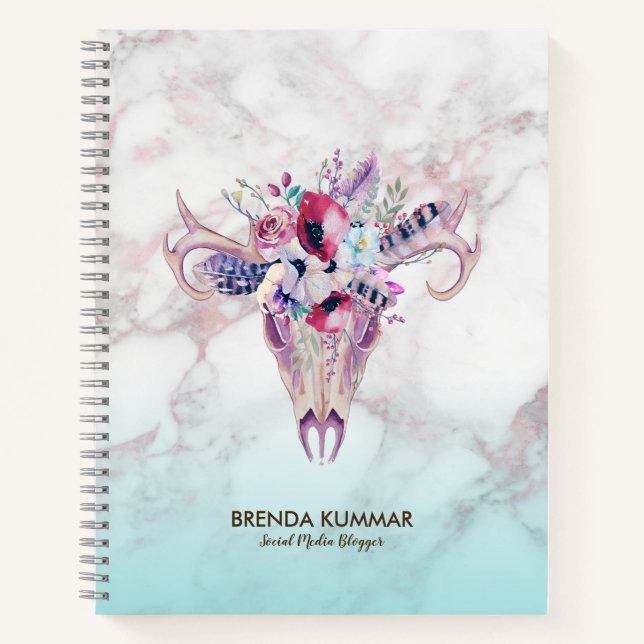 Tribal Boho Skull & Rose-gold Faux Marble Ombre Notebook (Front)