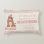 Tribal Boho Teddy Bear Birth Announcement Cushion<br><div class="desc">This girl's birth announcement cushion features a cute bear, two arrows and two dusty pink banners on a cream background with a dusty pink and cream pattern border at the top and base of the design. I wanted to create some girl's birth announcement pillows for the store because I only...</div>