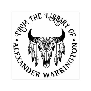 Tribal Bull Cow Skull Feathers Library Book Name Self-inking Stamp