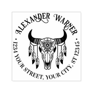 Tribal Bull Cow Skull Feathers Name Return Address Self-inking Stamp
