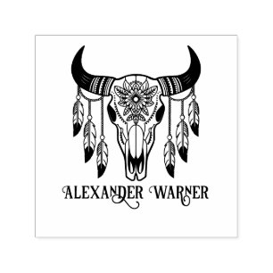 Tribal Bull Cow Skull Feathers Name Self-inking Stamp