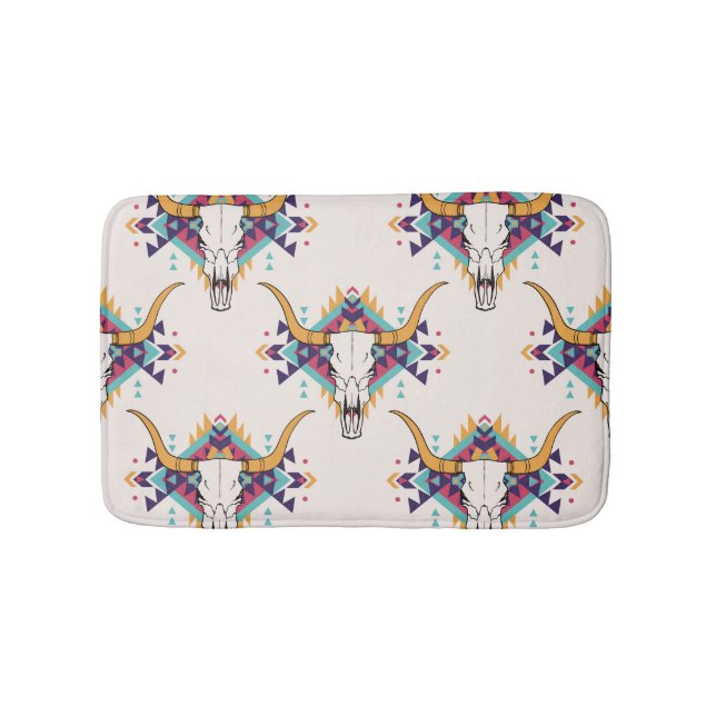 Tribal Bull Skull: Boho Seamless Bath Mat (Front)