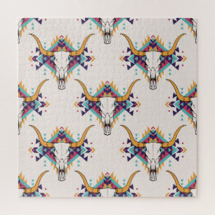 Tribal Bull Skull: Boho Seamless Jigsaw Puzzle
