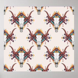 Tribal Bull Skull: Boho Seamless Poster