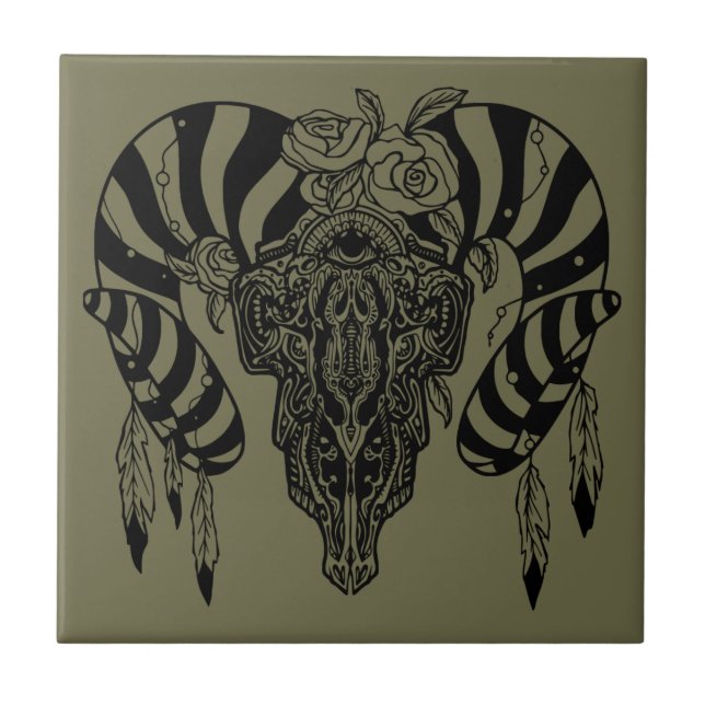 Tribal bull skull ceramic tile (Front)