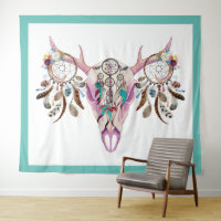 Tribal bull skull & colourful feathers dreamcatche