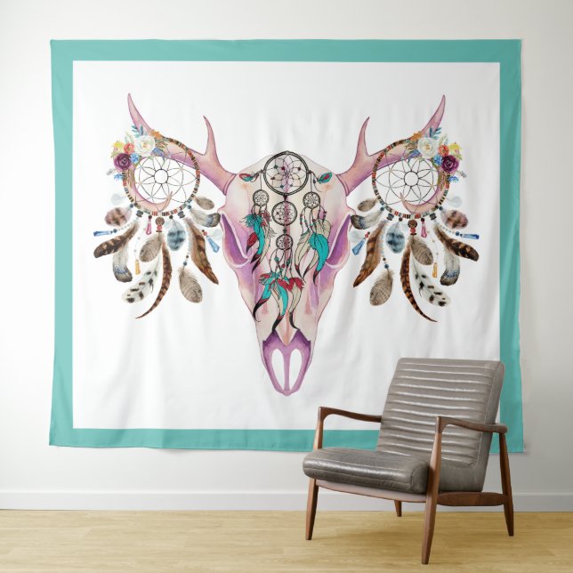 Tribal bull skull & colourful feathers dreamcatche tapestry (In Situ (Horizontal))