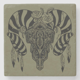 Tribal bull skull stone coaster