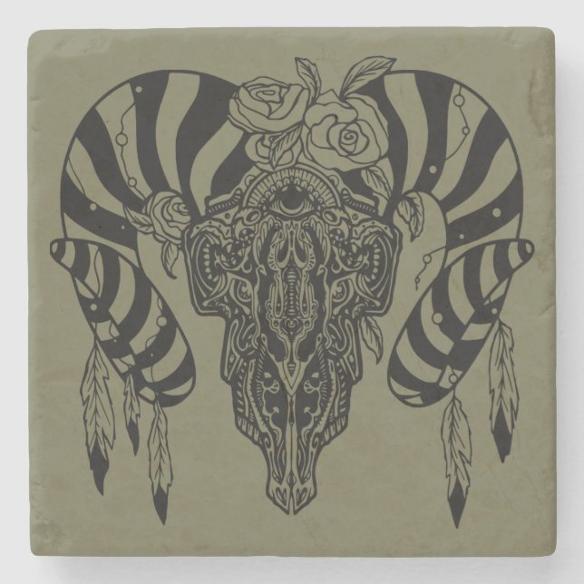 Tribal bull skull stone coaster (Front)