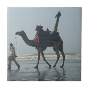 Tribal Camel Ride: Morning Tide Sands & Sea Ceramic Tile
