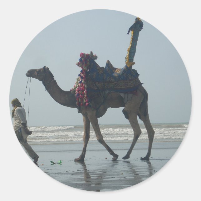 Tribal Camel Ride: Morning Tide Sands & Sea Classic Round Sticker (Front)
