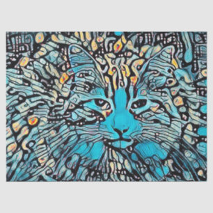 Tribal Cat Blue Yellow Mosaic Abstract Decoupage Tissue Paper