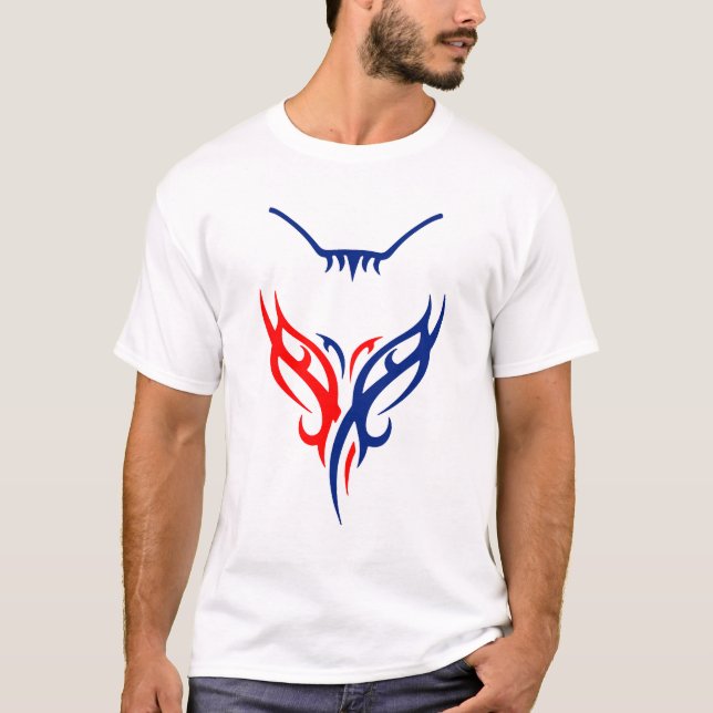 Tribal Cat Design - Red and Blue Abstract T-Shirt (Front)