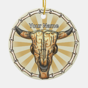 Tribal Cow Skull Ceramic Ornament