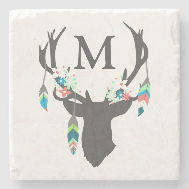 Tribal Deer Head Monogrammed Stone Coaster (Front)