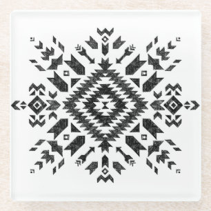 Tribal Design: Black White Hand-Drawn Glass Coaster